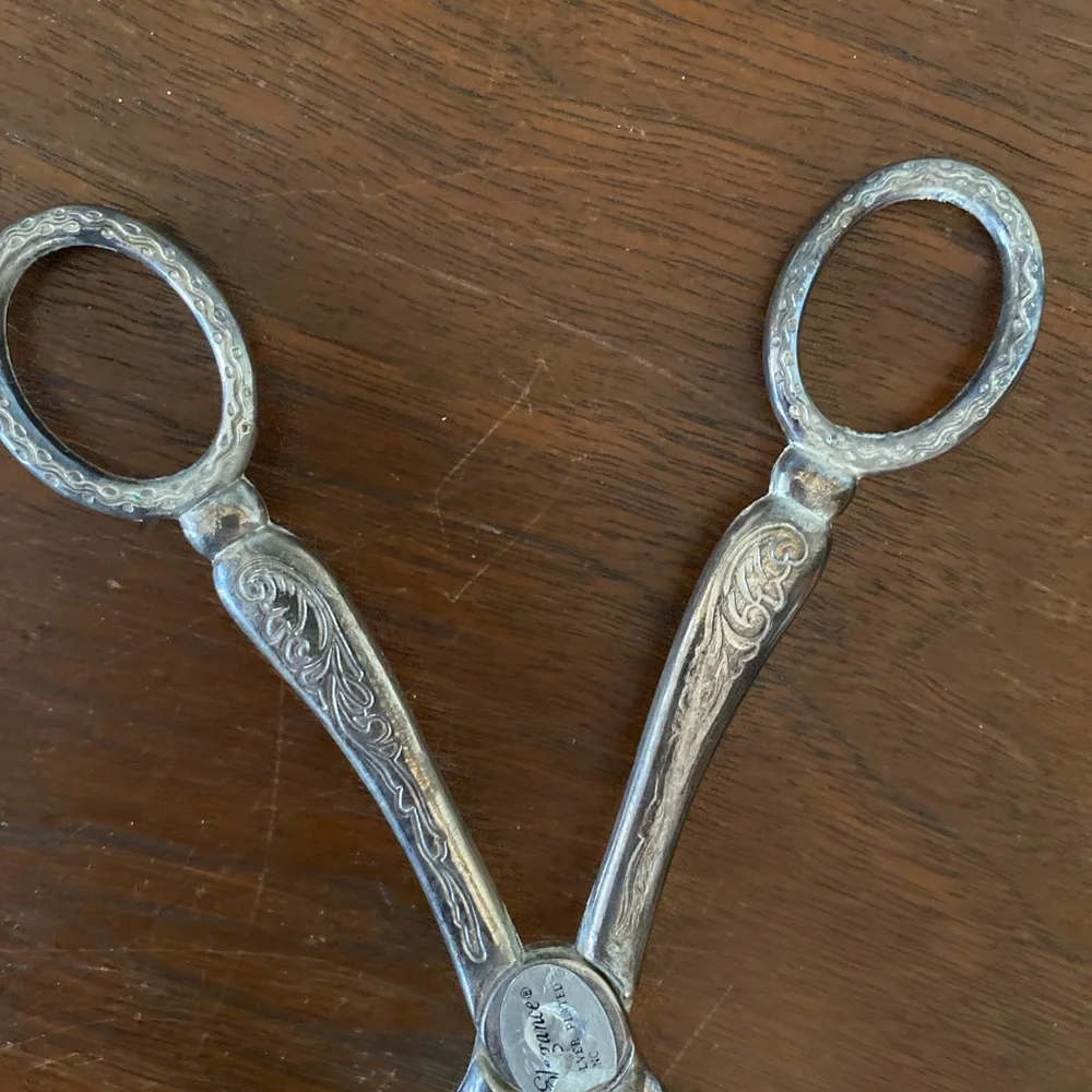 Vintage Silver plated Serving Tongs scissor style w/ fruit design spoon & spork